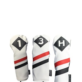 Majek Retro Golf Headcovers White Red and Black Vintage Leather Style 1 3 H Driver Fairway Wood and Hybrid Head Cover Classic Look