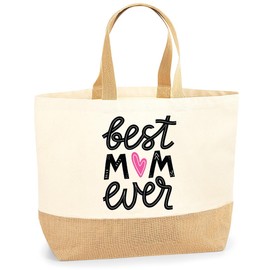 Lovely Mothers Day Shopper Bag - Best Mum Ever Heart - Jute Canvas X-Large Tote Bag - Mothers Day Mum Mom Mummy XL natural