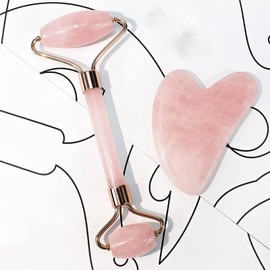 Jade Roller and Gua Sha Set, Rose Quartz Roller with Guasha Stone, Face Roller for Women, Massage Tool for Face, Neck and Body Muscle Relaxing, Pink