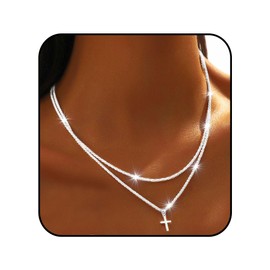 Flimire Silver Cross Necklace for Women 925 Sterling Silver Layered Cross Pendant Necklaces Chain Dainty Shiny Tiny Necklace Jewelry Gifts(2 Layered Cross)