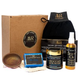 Moroccan Rituals Set: Exfoliating Black Soap & Bar with Blue Nila, Kessa Glove, 100ml Argan Oil, Pouch & Tint. Brightening Body Care Spa Package(Premium Blue Nila, 200ml)
