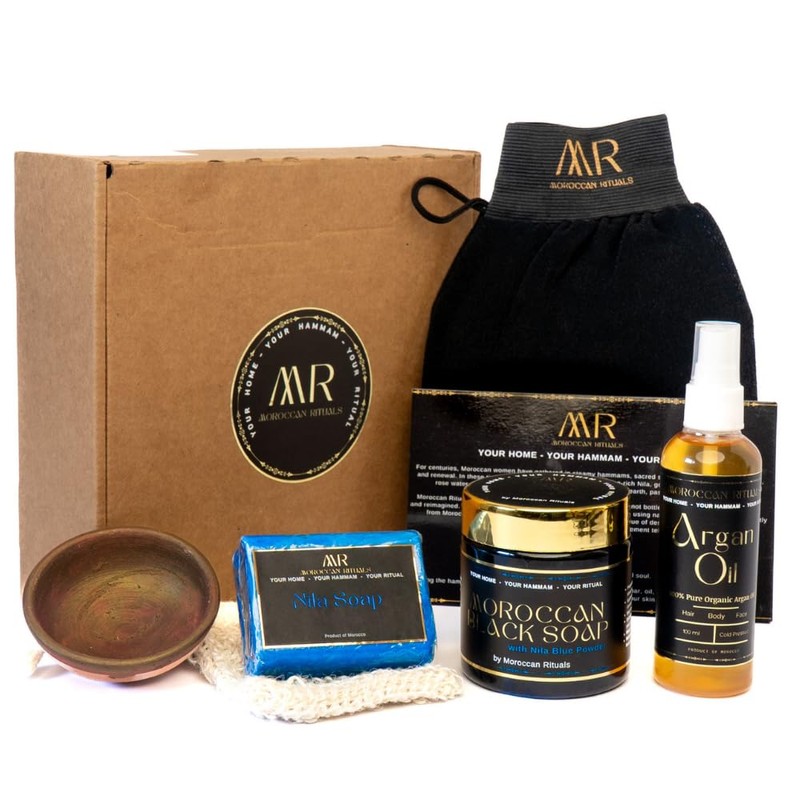 Moroccan Rituals Set: Exfoliating Black Soap & Bar with Blue