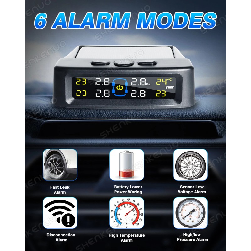 SHENKENUO LCD Wireless Solar TPMS Car Tire Pressure Monitoring System