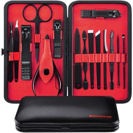 ANNA TOSANI - Kit de manicura y pedicura 15 en 1, juego de manicura de acero inoxidable, kit de pedicura profesional con estuche de viaje de cuero negro, kit de tijeras para el cuidado de uñas, juego de cortaúñas