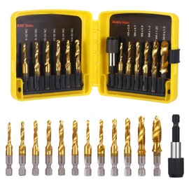HSEAMALL 13pcs Combination Drill Tap Bit Set, Screw Tapping Threading Tools SAE 6-32NC to 1/4-20NC,Metric M3 to M10 Thread Taps with Quick Change Adapter