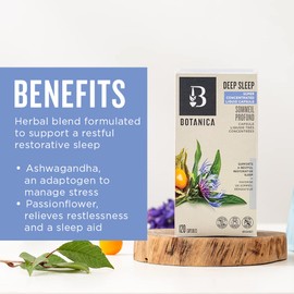 Botanica Deep Sleep Liquid Capsules C Ashwagandha & Passionflower Supports Deep and Restful Sleep C Whole Herb Formula, Non-GMO, Vegan and Gluten Free C 120 Capsules (60 Servings)