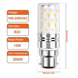 SAUGLAE LED Corn Bulbs, B22 Bayonet Cap, 12W, 1450Lm, 3000K Warm White, Not Dimmable, Pack of 4