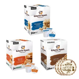 Gloria Jean's K Cups Coffee Pods Variety Pack - Macadamia Cookie Coffee, Butter Toffee, Hazelnut Coffee K Cups, 24 Ct Box, 72 Ct Total Keurig Coffee Pods, Medium Roast, Kosher, with ThriVita Coasters