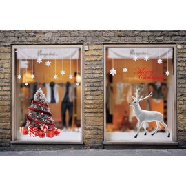 Yuson Girl Large Reusable Merry Christmas Tree Reindeer Wall Window Stickers Door Cover Window Clings Removable Wall Decal Mural Stickers for Xmas Home Shop Store Display Decorations