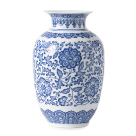 Blue and White Vase Décor, Ceramic Chinoiserie Decorative Vase for Home, Office, Flower Vase Pocelain, Glossy Vase for Table, Living Room, Bookshelf, Mantle Fireplace, Centerpieces,9 inches