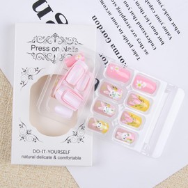 24Pcs Easter Press on Nails Medium Square Fake Nails Cartoon Bunny Flower Design Acrylic Artificial Glue on Nails Set Full Cover Pink Yellow Spring False Nail for Women Girls (E)