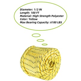 YSMN 1/2 in 100 FT Yellow Double Braided Rope Polyester Rope Heavy Duty Rope for Tree Work Suitable for Outdoor Use