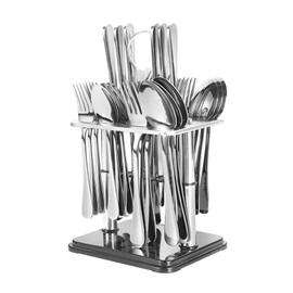 30 Pcs Stainless Steel Silverware Set with Stand, Hanging Flatware Set Service for 6, Eating Tableware Set Include Main Knife, Main Fork, Main Spoon, Small Fork, Small Spoon(silver)