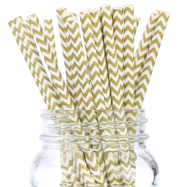 CleverDelights Gold Chevron Paper Straws - 100 Straws - Biodegradable Paper Straws