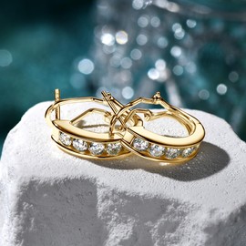 AINUOSHI Moissanite Hoop Earrings for Women Channel-Set J-Hoop Earrings 1 Carat (CTW) Lab Created Gold Plated 925 Sterling Silver Half Hoops Huggie Omega Back Earrings (Gold)