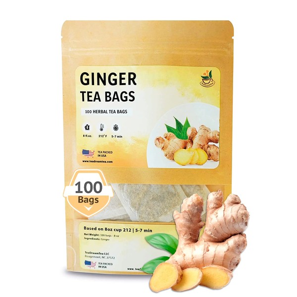TeadreamTea Ginger Tea Bags - 100 Bleach-Free Tea Bags | Caffeine Free, Antioxidant, Calms Upset Stomach - Strengthen Immune System - Herbal Ginger Tea
