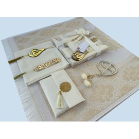 Prayer Rug | 5 in One Prayer Mat, Surah Booklet, Tasbeeh, Scarf, Quran Case Set | Pearl Prayer Beads | Islamic Gift for Her | Islamic Gifts for Occasions | Prayer Mat| Birthday Gift (Cream)