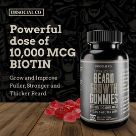 Unsocial Co. Extra Strong Beard Growth Vitamins Gummies | Biotin 10000 MCG | Promotes Strong & Thick Facial Hair Growth for Men | Beard Gummies for Men | Strawberry