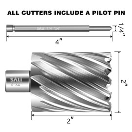 SALI Annular Cutter Diameter 2 Inch with Weldon Shank 3/4" (with 2 Flats) Cutting Depth 2" Mag Drill Bit for Magnetic Drill Press HSS Fully Ground Drill with One 1/4"*4" Pilot Pin