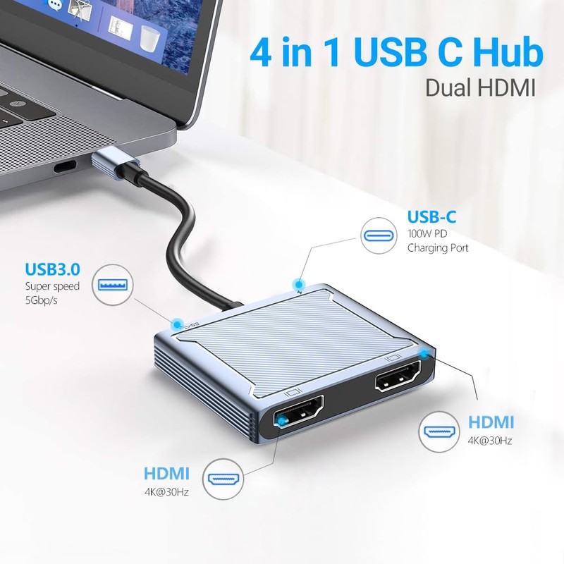 Azhizco Dual HDMI Adapter USB C Hub, Triple Display USB