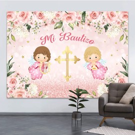 Wollmix 7x5ft Mi Bautizo Backdrop Baptism Pink Rose Flowers for Girl Kids God Bless Background Two Girls Gold Crucifix It's Twins Pink Photography Party Decorations Floral Newborn Photo Booth Props
