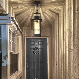 15" Outdoor Indoor Pendant Light Exterior Hanging Lantern, Modern Black Metal Outside Chandelier Light Fixture Ceiling Mount with Water Glass for Front Porch Entrance Foyer Entryway (Bulb Included)