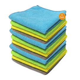 12 Pcs Microfiber Cleaning Cloths Reusable and Absorbent Microfiber Towels 11.8" x 11.8" Multifunction Cleaning Rags for Cars Home Kitchen Window Dusting and Cleaning (Green/Blue/Yellow/Grey)