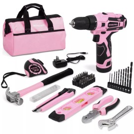 WORKPRO 12V Pink Cordless Drill Driver Set Home Tool 61PC Hand Tool Set Bag Pink