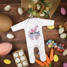Purple Print House My 1st Easter Bunny Romper Suit First Easter Sunday Babies Girls Sleepsuit, 0-3 Months, Light Pink