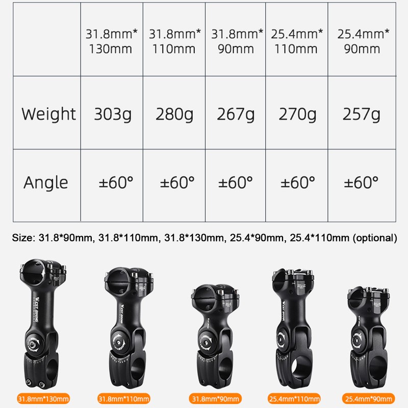 Adjustable Bicycle Handlebar Stem Variable 60 Degree Angle Aluminum Alloy