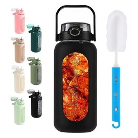 WINSA Water bottle 64oz Glass Water Bottle with Straw and Handle Lid Half Gallon Motivational Glass Bottle with Silicone Sleeve and Time Marker Large Reusable Sports Water Jug for Gym Home Workout:_Amber