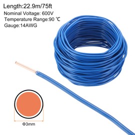 sourcing map 75 Feet Electrical Wire Insulated Solid Copper 14 AWG Hook Up Wire Cable THHN Wire Residential, Industrial, Grounding, Electrical Rated for 600 Volts,UL listed,Blue