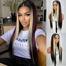 SALLYWELL Black Blond Skunk Stripe Glueless Wig For Women Long Straight Synthetic Wig Red Black Colored Pre Plucked Pre Cut 7x5 Lace Front Wig Wear & Go Glueless Wig 26 Inch 180% Density
