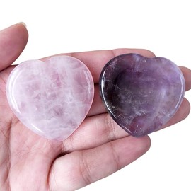 Lovionus89 Pack of 2 Heart Worry Stones Thumb Palm Trees Pocket Stones, Positive Energy Meditation Chakra Healing Crystal, Amethyst + Rose Quartz