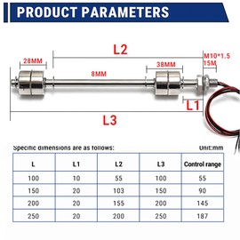 Uadme Vertical Float Switch, 110 V 150 mm Double Ball Water Level Switch, Stainless Steel, Water Level Regulator Sensor Switch for Tank Pool, Pools, Sink, Action Range 10 mm