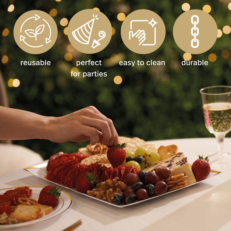 MATANA 6 White Plastic Serving Platters with Gold Border, Food
