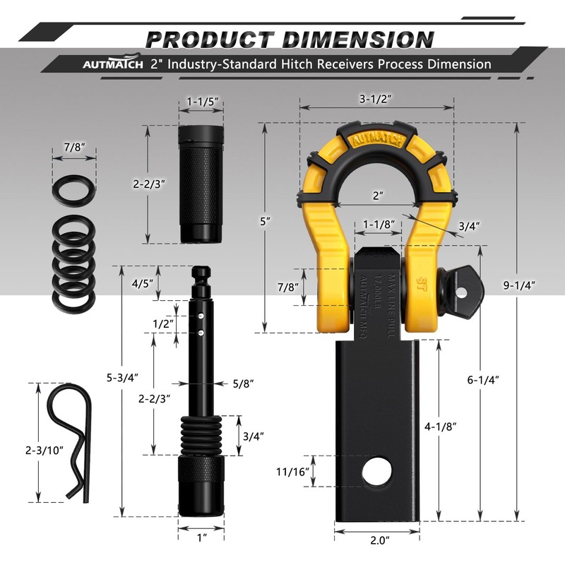 AUTMATCH Shackle Hitch Receiver 2" with 3/4" Mega D Ring