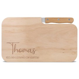 GRAVURZEILE Frühstücksbrettchen mit eigener Gravur in verschiedenen Motiven - Inklusive Messer - Personalisiert mit Namen und Text - Massives Erlenholz - 26x15,5x1,2 cm - Motiv: Name + Text