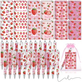 RZJSLSHANHAI 48 Pcs Strawberry Party Favors Bulk Including 24 Strawberry Mini Notebooks24 Cute Pens Aesthetic Strawberry Gifts with 6 Styles for School Office Supplies Class Reward Prizes