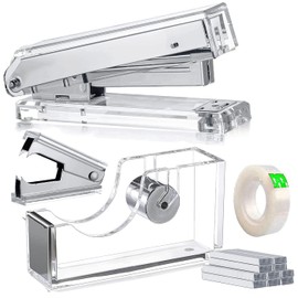 Acrylic Silver Tape Dispenser Desktop Stapler, Acrylic Office Supplies Includes Staple Remover, Tape, 1000pcs Staples Desk Accessory Kit, Cute Office Stapler Set for Modern Design Office Desktop