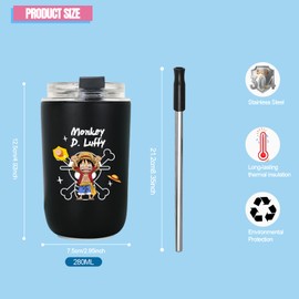 MAJEQZGY Water Bottle 280 ml Leak-Proof Drinking Bottle with Straw Drinking Cup Stainless Steel Bottle for Work, Travel, Outdoor, School (Black)