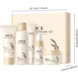 Set de Cuidado Facial con Arroz, Set de Viaje para Mujer de 5 Piezas, Que Incluye Leche Limpiadora, Tónico, Sérum para el Contorno de Ojos, Sérum y Crema Hidratante, Para Nutrir y Revitalizar la Piel