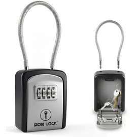 Iron Lock® Key Lock Box Portable with Cable Shackle – Small Waterproof Heavy-Duty Metal Safe with 4-Digit Combination for Spare Keys Outside on Door Knob, Fence, Pipe or Gate (Grey, Small)