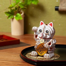 wa-gu-mi Lucky Cat Maneki Neko Wooden Japanese 3D Puzzle - Fun DIY Wood Craft Kits - Ideal Gift for Birthdays and Party Favors