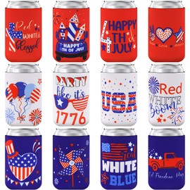 4th of July Decorations Patriotic Can Cooler Sleeves for Independence Day Neoprene Insulation Beer Can Cover for Memorial Day Fourth of July Party Favors 12Pcs