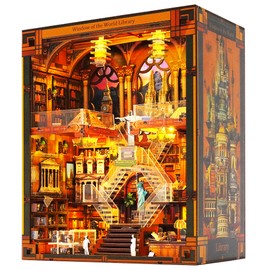 Book Nook Kit - DIY Miniature World Library Booknook - 3D Wooden Puzzle with LED Lights - Creative Bookshelf Insert & Educational Gift for Adults