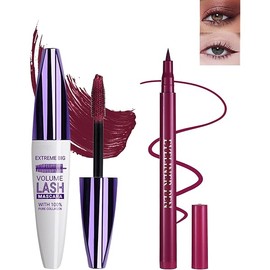 Burgundy Waterproof Mascara & Eyeliner, 5D Silk Fiber Lash Extension Colored Tube Mascara Volume and Length,Long-Lasting Smudge-Proof Volumizing Colorful Máscara & Liquid Eyeliner Pen Set for Women
