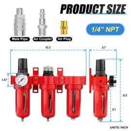 MEANLIN 1/4" NPT 3 Stage Aluminium Air Drying System,Coalescing Filter, Particulate Filter, Desiccant Dryer and Air Regulator, Manual Drain, Mid Flow, For Plasma Cutter and Paint Spray