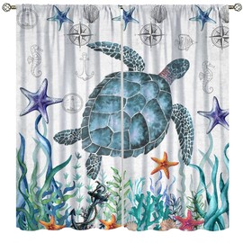 Sea Turtles Curtains,Ocean Shell Starfish Nautical Theme Window Treatments for Bedroom Living Room,Tropical Coral Sea Animals Kids Drapes 42x63in
