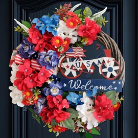 vivimemo 22 Inch Patriotic Red White Blue Flowers Wreath for Front Door, 4th of July Welcome Wreath with Hydrangea and Bow for Inside and Outside, Memorial Day Independence Day Home Decor